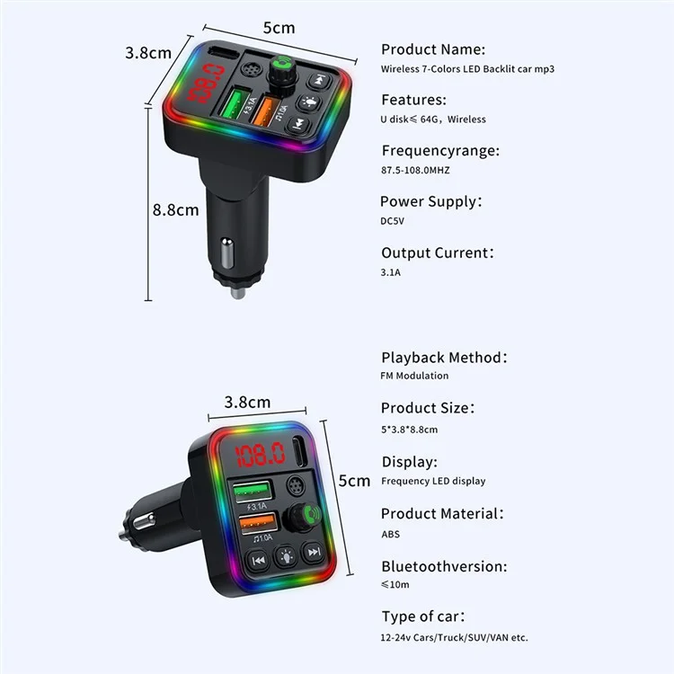 P19 Voiture Sans fil 7 Couleurs LED Rétroéclairage MP3 Mains-libres Appel Bluetooth Chargeur Audio Voiture Prend en charge U Disque 
