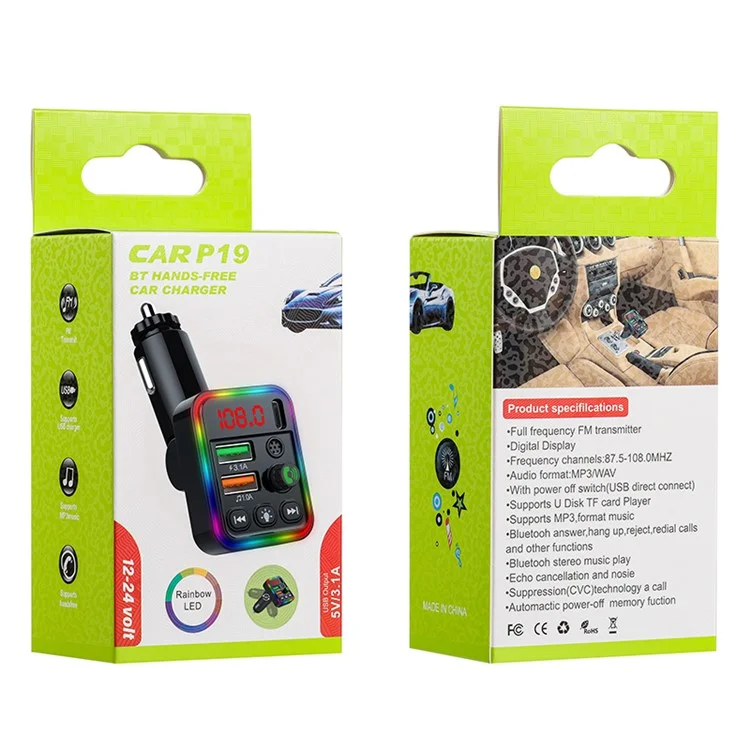 P19 Voiture Sans fil 7 Couleurs LED Rétroéclairage MP3 Mains-libres Appel Bluetooth Chargeur Audio Voiture Prend en charge U Disque 