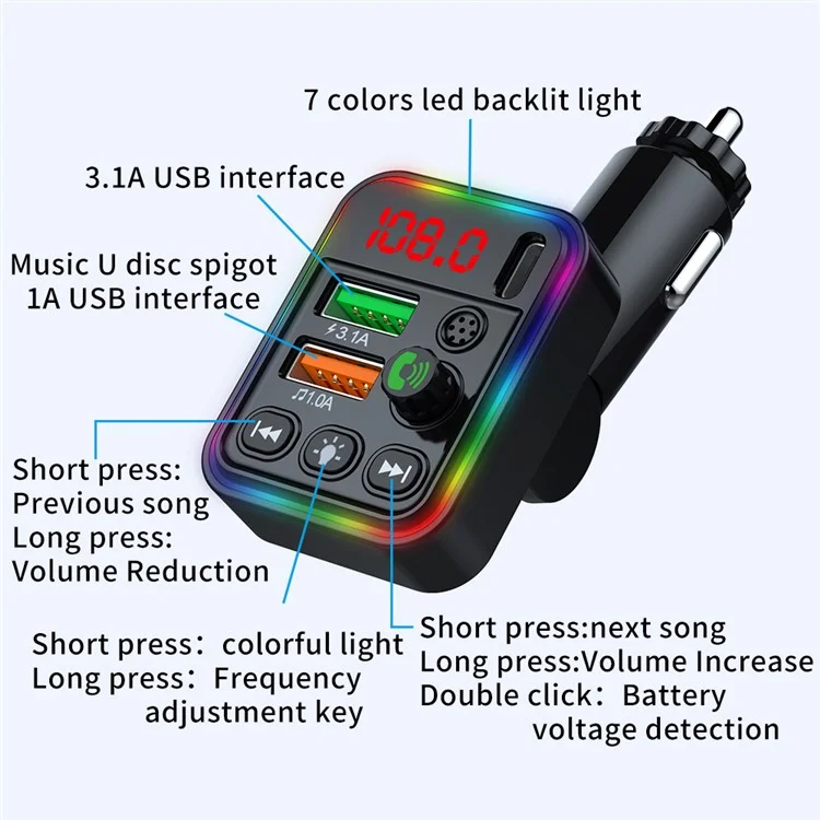 P19 Voiture Sans fil 7 Couleurs LED Rétroéclairage MP3 Mains-libres Appel Bluetooth Chargeur Audio Voiture Prend en charge U Disque 