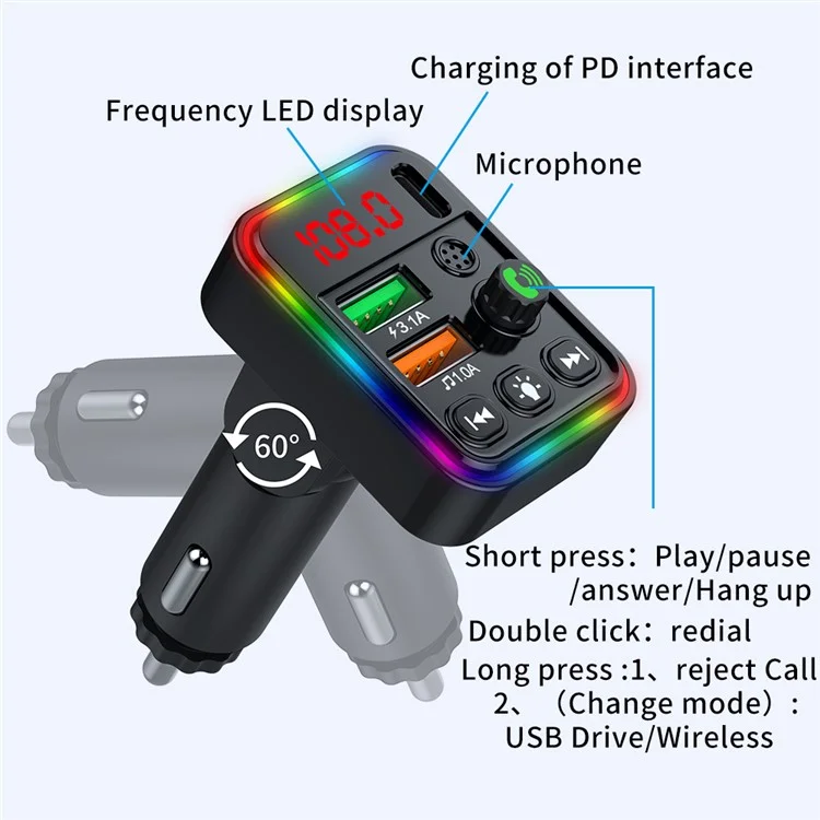 P19 Voiture Sans fil 7 Couleurs LED Rétroéclairage MP3 Mains-libres Appel Bluetooth Chargeur Audio Voiture Prend en charge U Disque 
