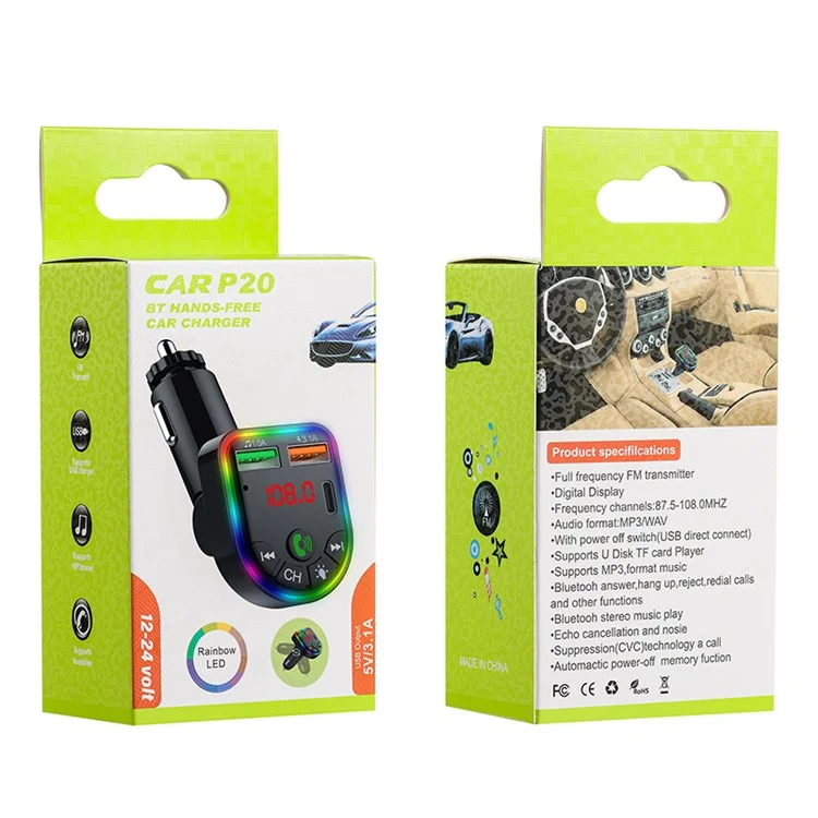 Appel mains-libres Bluetooth pour voiture P20 Lecteur MP3 audio numérique Écran de voiture Chargeur de voiture avec doubles ports USB