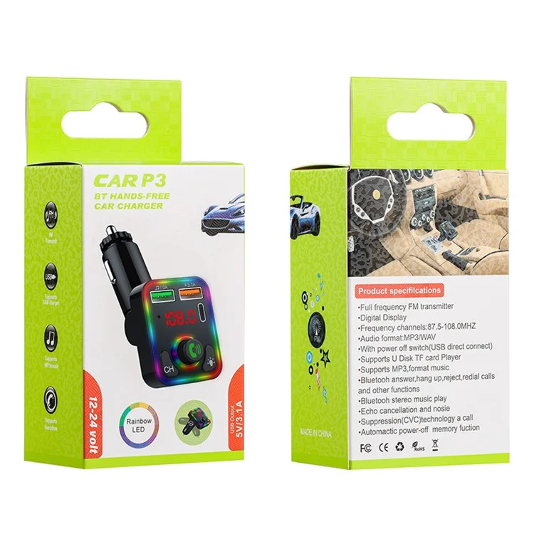 P3 Car MP3-Player FM-Sender PD Schnellladegerät + 2,4A Bluetooth Freisprecheinrichtung AUX Audio Autoladegerät