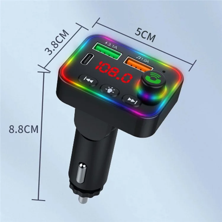 P4 Ambient Light Car MP3 Player FM Transmitter PD Fast Charger+3.1A Car Charger Support Bluetooth-compatible Hands-free Calling, U Disk