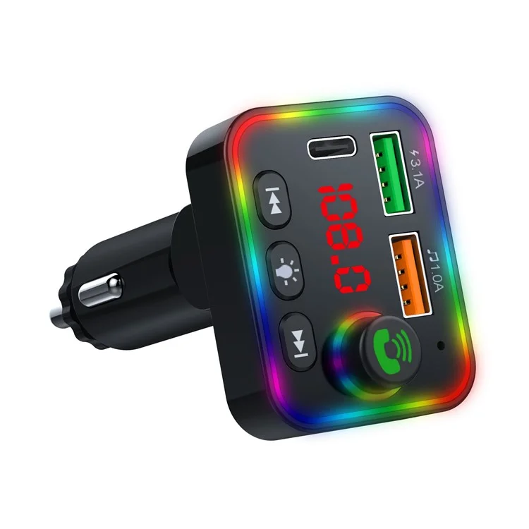 P4 Ambient Light Car MP3 Player FM Transmitter PD Fast Charger+3.1A Car Charger Support Bluetooth-compatible Hands-free Calling, U Disk