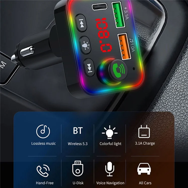 P4 Ambient Light Car MP3 Player FM Transmitter PD Fast Charger+3.1A Car Charger Support Bluetooth-compatible Hands-free Calling, U Disk