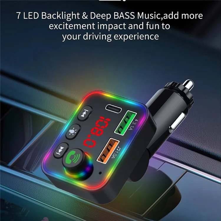 P4 Ambient Light Car MP3 Player FM Transmitter PD Fast Charger+3.1A Car Charger Support Bluetooth-compatible Hands-free Calling, U Disk