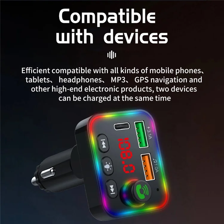 P4 Ambient Light Car MP3 Player FM Transmitter PD Fast Charger+3.1A Car Charger Support Bluetooth-compatible Hands-free Calling, U Disk