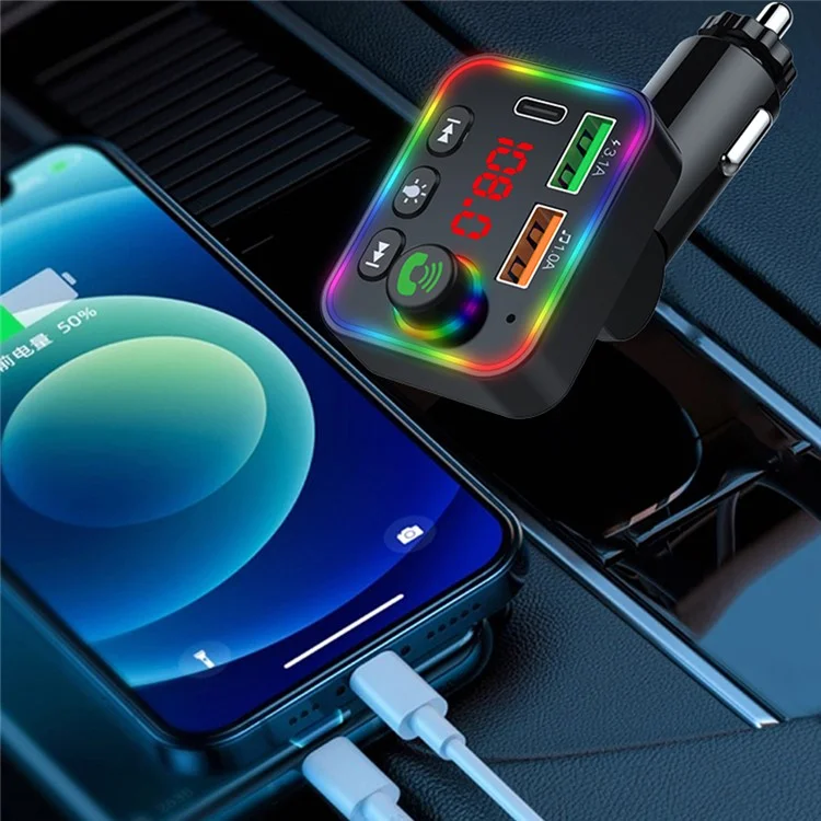 P4 Ambient Light Car MP3 Player FM Transmitter PD Fast Charger+3.1A Car Charger Support Bluetooth-compatible Hands-free Calling, U Disk