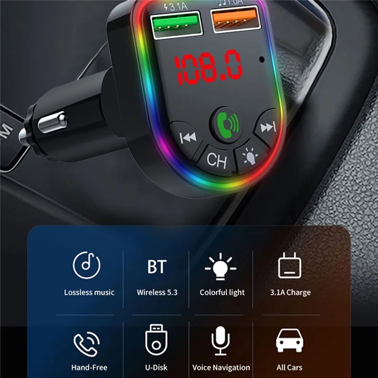 P5 Farbiges Ambient Light Car Charger Digitale Anzeige Bluetooth Wireless Car MP3-Player Unterstützung U-Disk