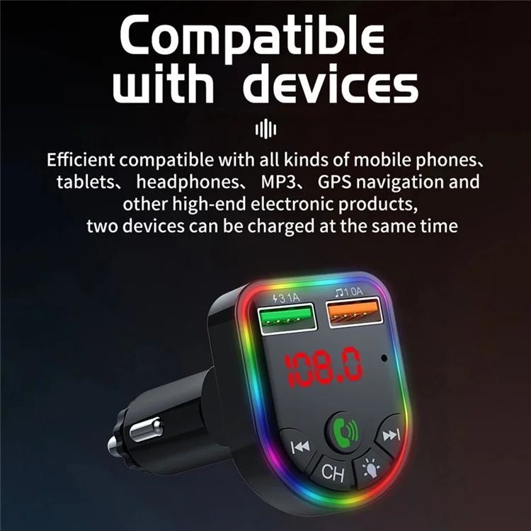 P5 Farbiges Ambient Light Car Charger Digitale Anzeige Bluetooth Wireless Car MP3-Player Unterstützung U-Disk