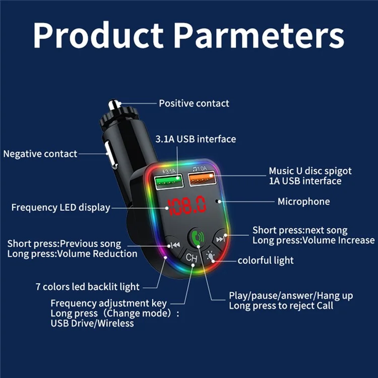 P5 Farbiges Ambient Light Car Charger Digitale Anzeige Bluetooth Wireless Car MP3-Player Unterstützung U-Disk