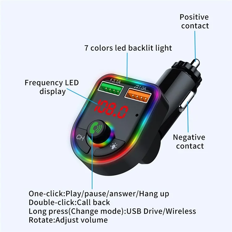 P6 Colorful Ambient Lights Car Charger Smart Bluetooth-compatible Calling Car Wireless MP3 Audio Device