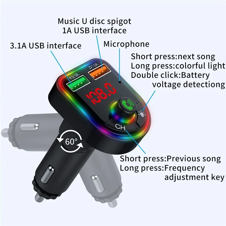 P6 Colorful Ambient Lights Car Charger Smart Bluetooth-compatible Calling Car Wireless MP3 Audio Device