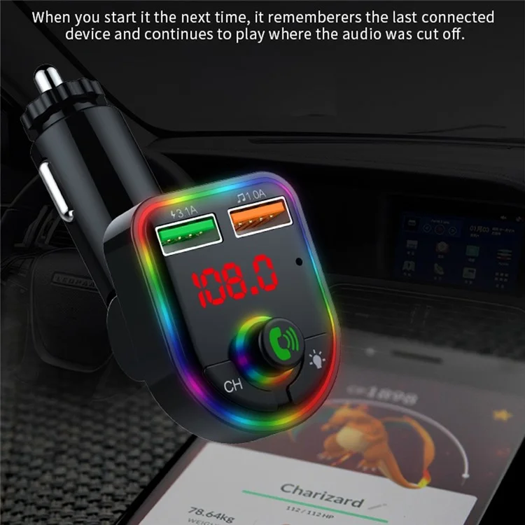 P6 Colorful Ambient Lights Car Charger Smart Bluetooth-compatible Calling Car Wireless MP3 Audio Device