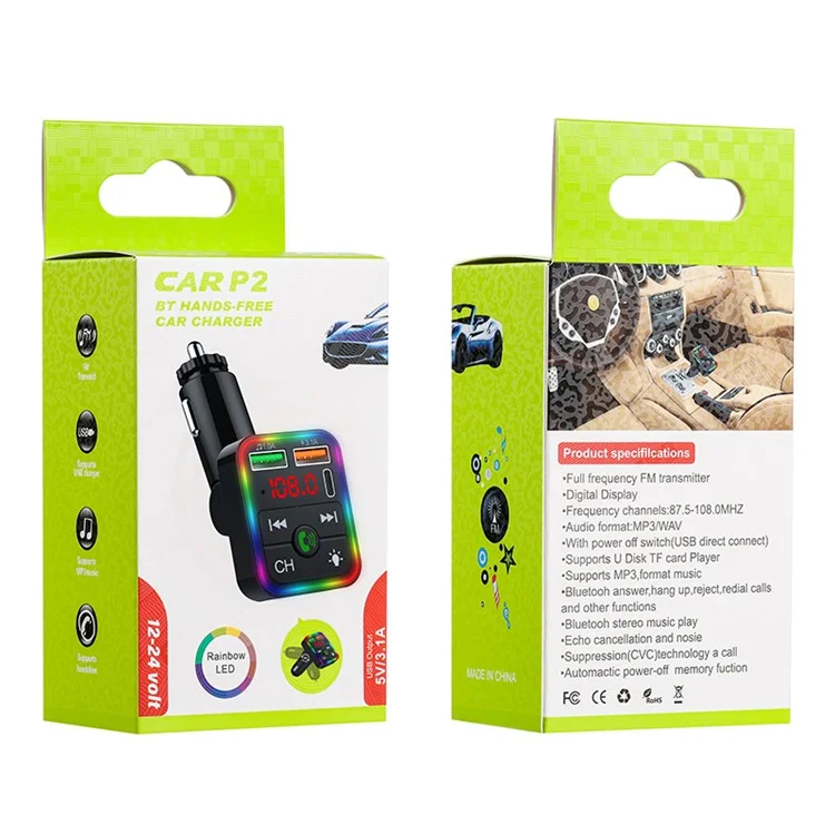 P2 Car Player Charger Dual USB Port Cigarette Lighter Car Charger Support Bluetooth-compatible Hands Free Calling