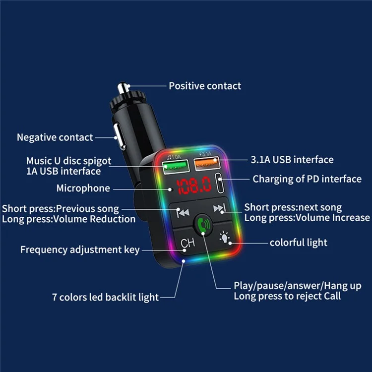 P2 Car Player Charger Dual USB Port Cigarette Lighter Car Charger Support Bluetooth-compatible Hands Free Calling