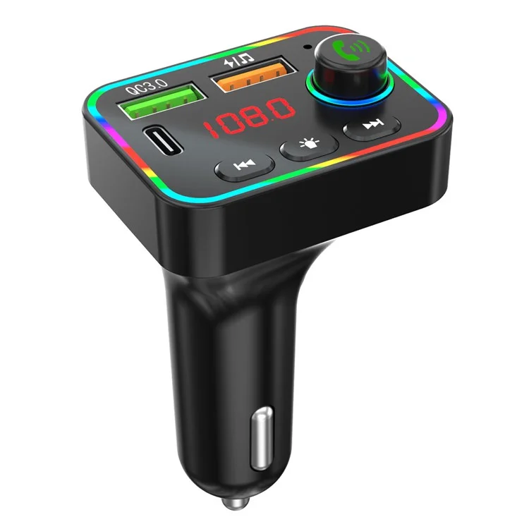 PDF4 Bluetooth 5.3 FM-Sender 7-Farbiges LED-Licht MP3-Player PD 25W Schnellladegerät fürs Auto mit Freisprechfunktion
