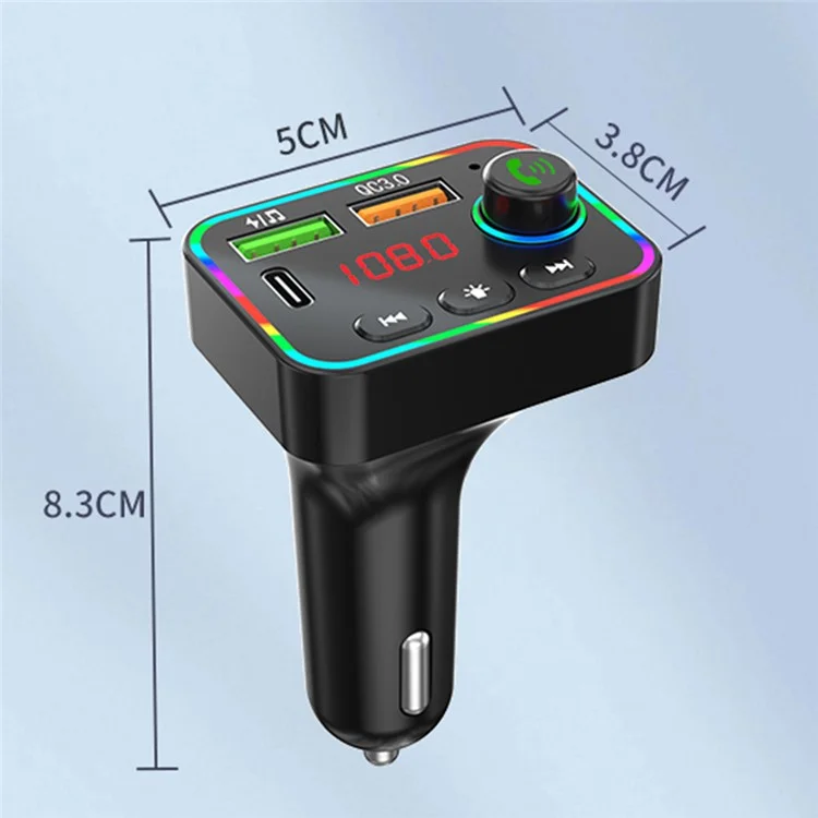 PDF4 Bluetooth 5.3 FM-Sender 7-Farbiges LED-Licht MP3-Player PD 25W Schnellladegerät fürs Auto mit Freisprechfunktion