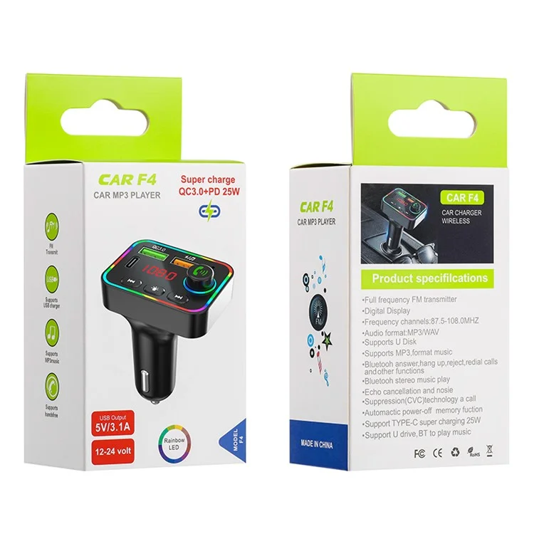 PDF4 Bluetooth 5.3 FM-Sender 7-Farbiges LED-Licht MP3-Player PD 25W Schnellladegerät fürs Auto mit Freisprechfunktion