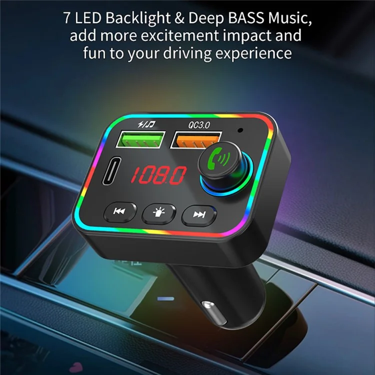 PDF4 Bluetooth 5.3 FM-Sender 7-Farbiges LED-Licht MP3-Player PD 25W Schnellladegerät fürs Auto mit Freisprechfunktion