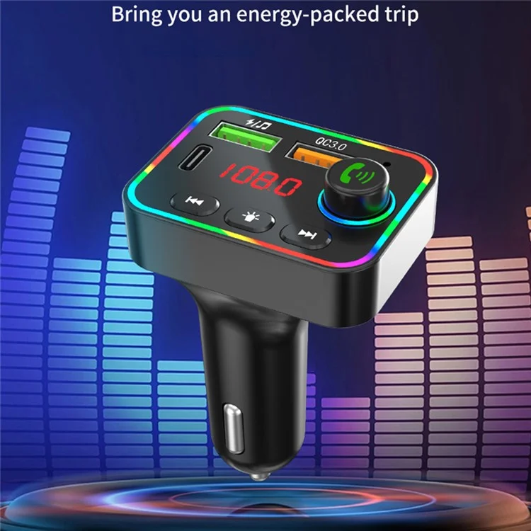 PDF4 Bluetooth 5.3 FM-Sender 7-Farbiges LED-Licht MP3-Player PD 25W Schnellladegerät fürs Auto mit Freisprechfunktion