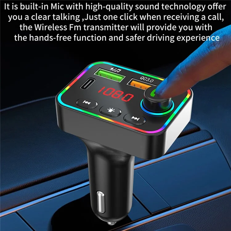 PDF4 Bluetooth 5.3 FM-Sender 7-Farbiges LED-Licht MP3-Player PD 25W Schnellladegerät fürs Auto mit Freisprechfunktion