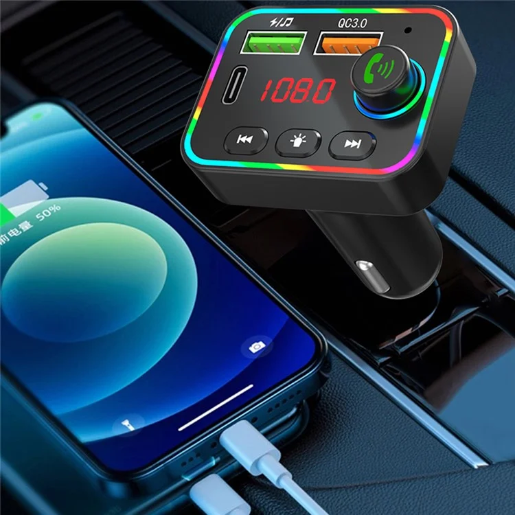 PDF4 Bluetooth 5.3 FM-Sender 7-Farbiges LED-Licht MP3-Player PD 25W Schnellladegerät fürs Auto mit Freisprechfunktion