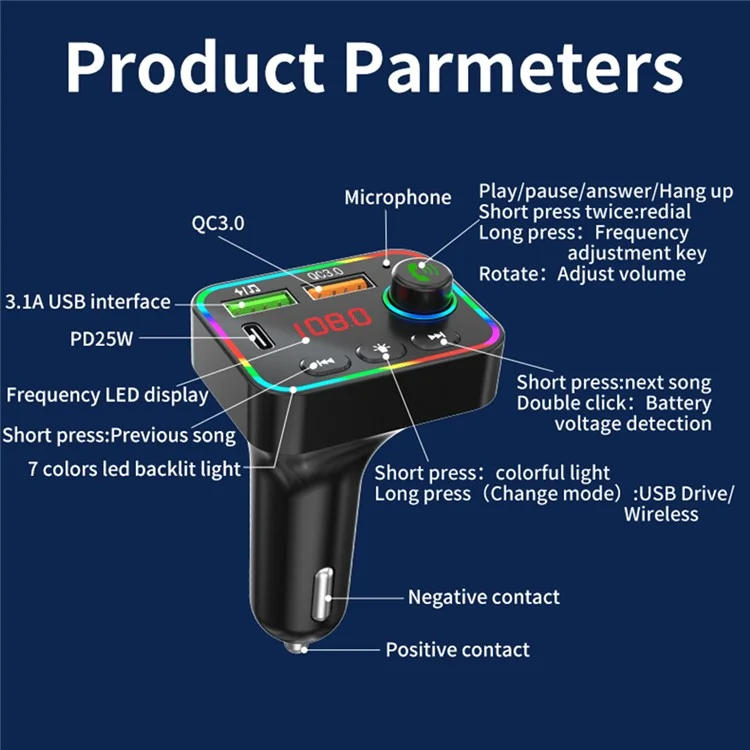 PDF4 Bluetooth 5.3 FM-Sender 7-Farbiges LED-Licht MP3-Player PD 25W Schnellladegerät fürs Auto mit Freisprechfunktion