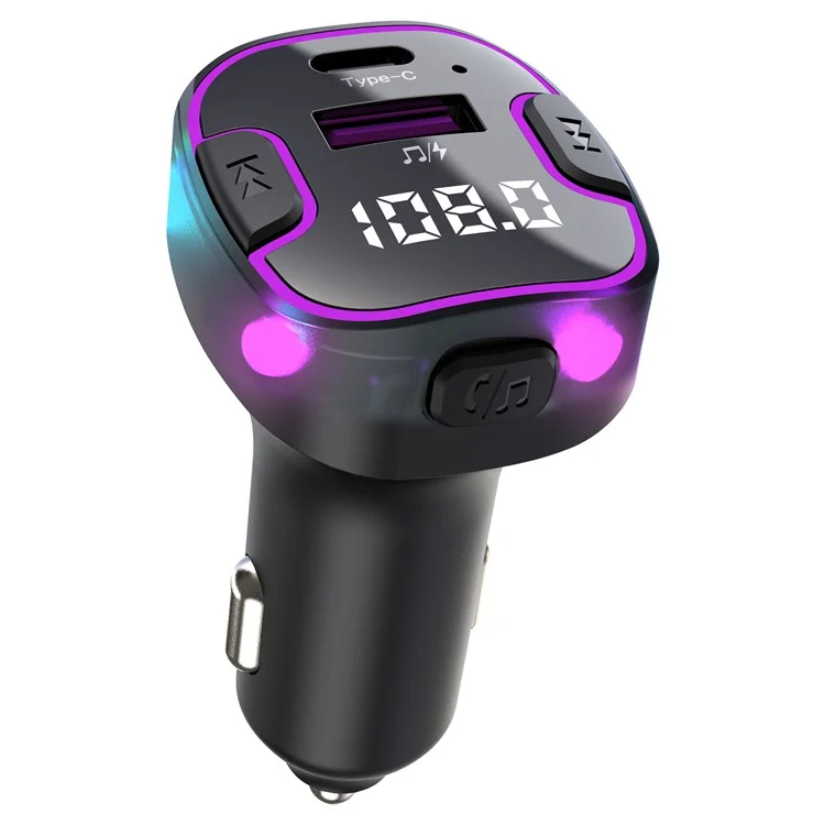 C49 FM Transmitter Car Bluetooth-compatible Adapter Ambient Light MP3 Music Player with Type-C+USB Port