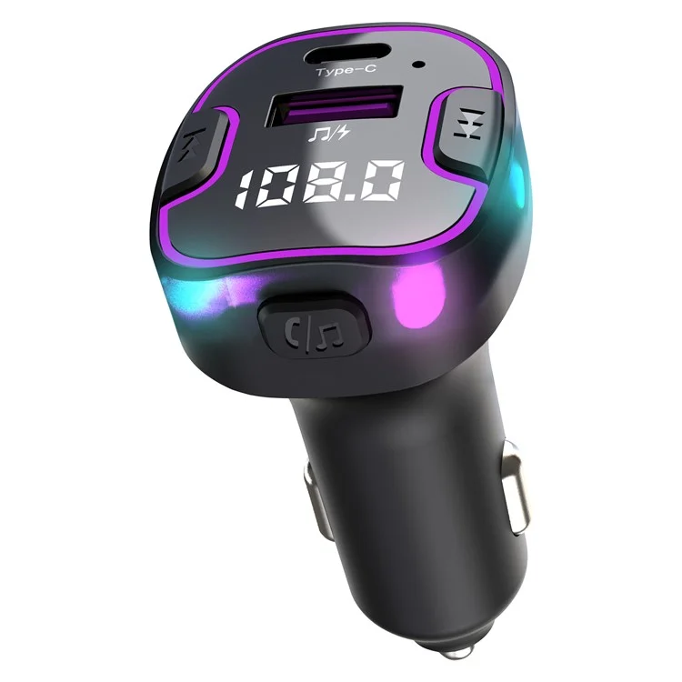 C49 FM Transmitter Car Bluetooth-compatible Adapter Ambient Light MP3 Music Player with Type-C+USB Port