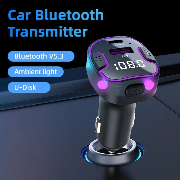 C49 FM Transmitter Car Bluetooth-compatible Adapter Ambient Light MP3 Music Player with Type-C+USB Port
