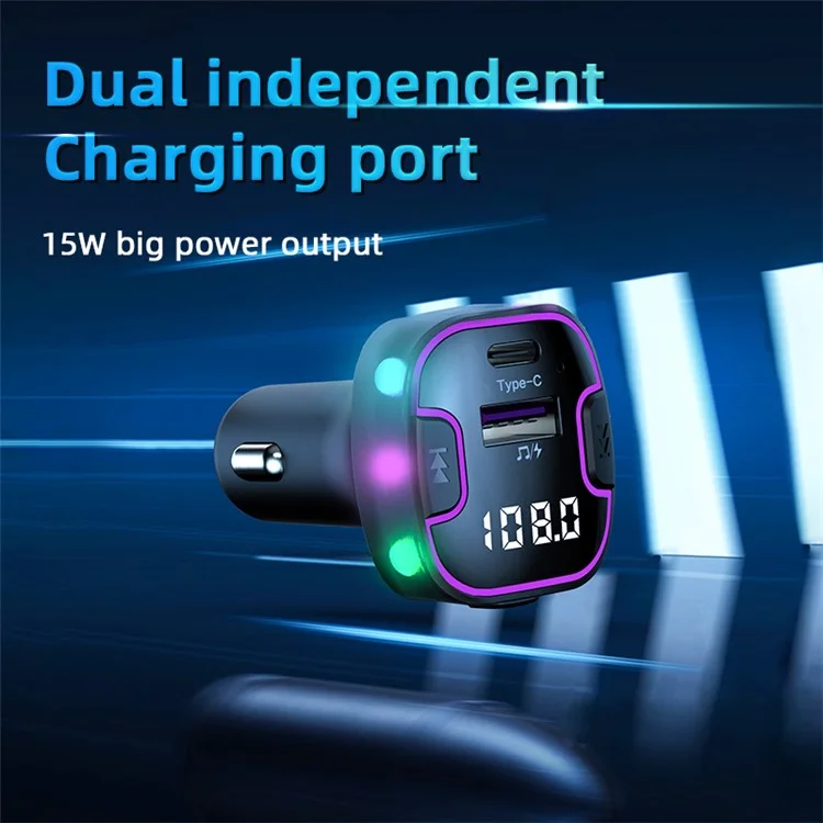C49 FM Transmitter Car Bluetooth-compatible Adapter Ambient Light MP3 Music Player with Type-C+USB Port