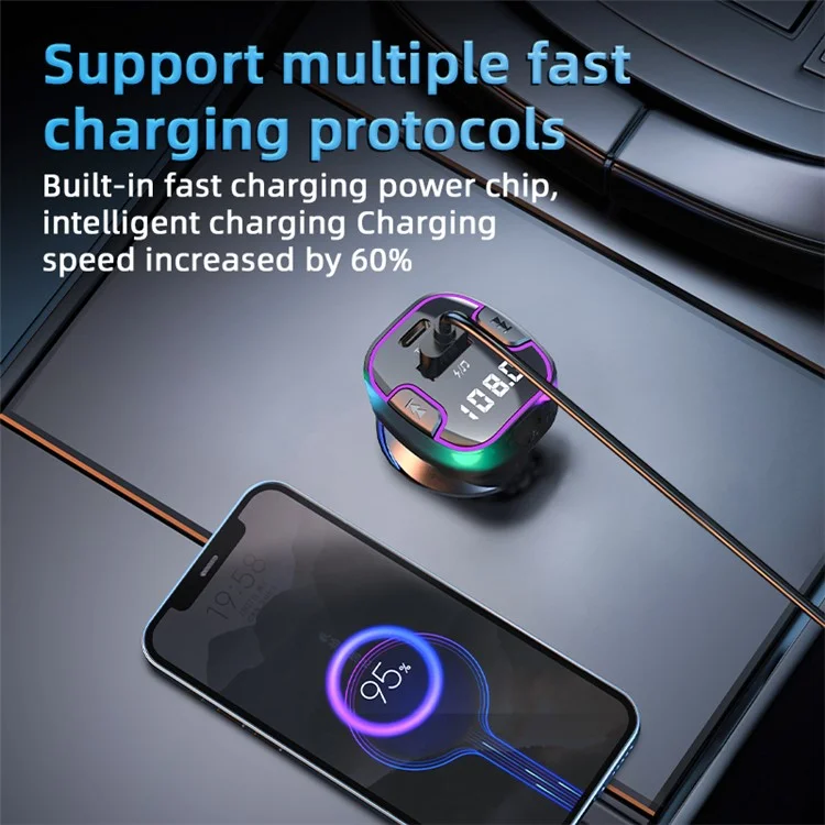 C49 FM Transmitter Car Bluetooth-compatible Adapter Ambient Light MP3 Music Player with Type-C+USB Port