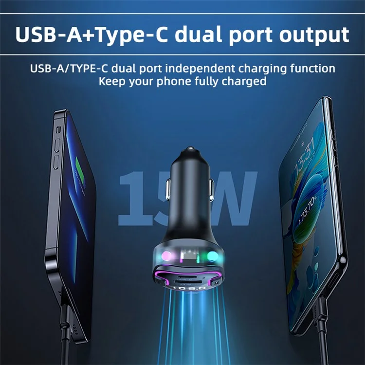 C49 FM Transmitter Car Bluetooth-compatible Adapter Ambient Light MP3 Music Player with Type-C+USB Port