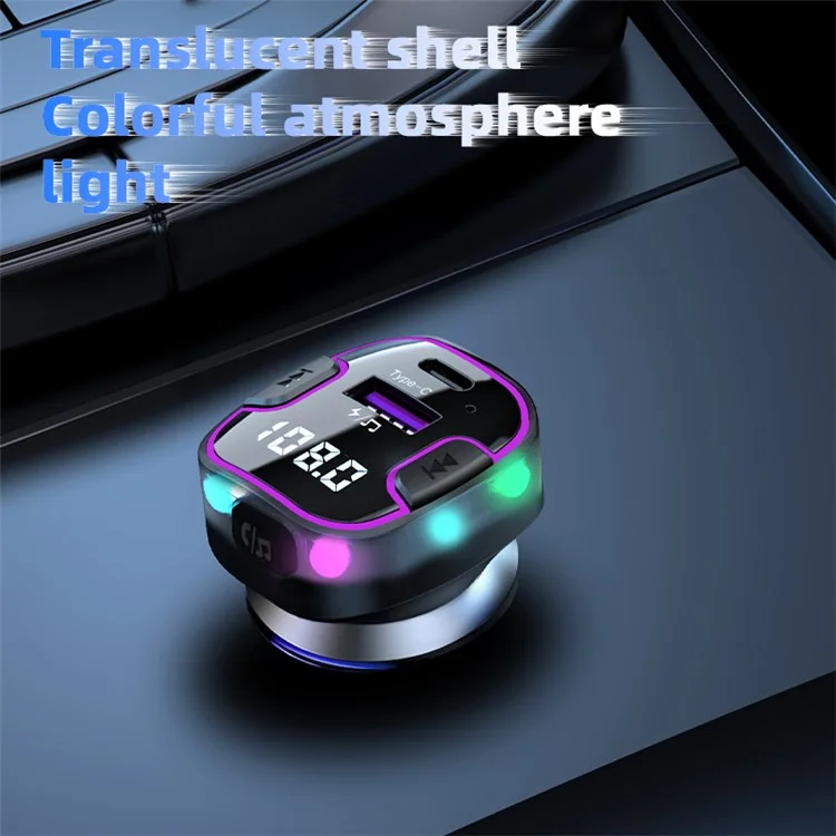 C49 FM Transmitter Car Bluetooth-compatible Adapter Ambient Light MP3 Music Player with Type-C+USB Port