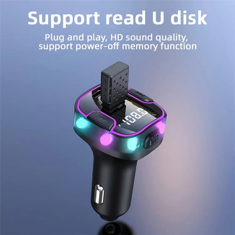 C49 FM Transmitter Car Bluetooth-compatible Adapter Ambient Light MP3 Music Player with Type-C+USB Port