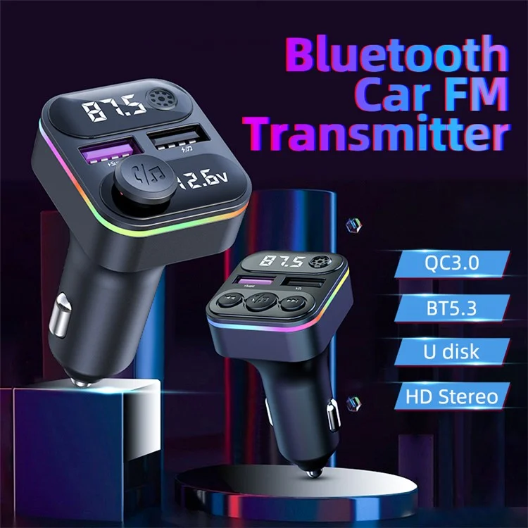 C37 Bluetooth-compatible FM Transmitter for Car QC3.0 20W Fast Charger LED Backlit Atmosphere Light MP3 Player