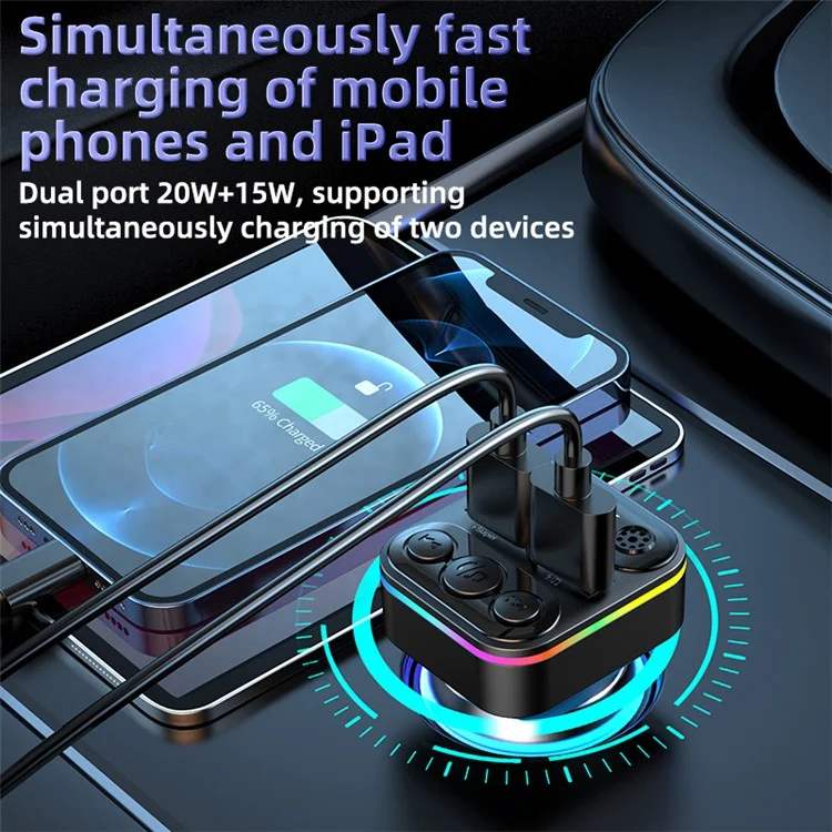 C37 Bluetooth-compatible FM Transmitter for Car QC3.0 20W Fast Charger LED Backlit Atmosphere Light MP3 Player