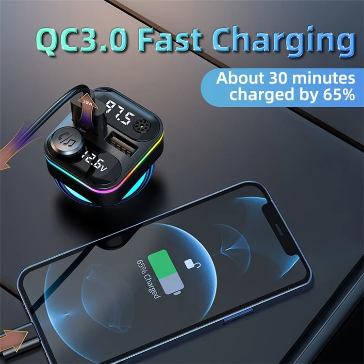C37 Bluetooth-compatible FM Transmitter for Car QC3.0 20W Fast Charger LED Backlit Atmosphere Light MP3 Player