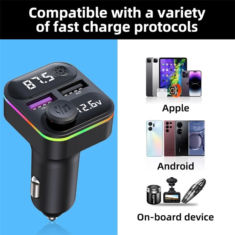C37 Bluetooth-compatible FM Transmitter for Car QC3.0 20W Fast Charger LED Backlit Atmosphere Light MP3 Player