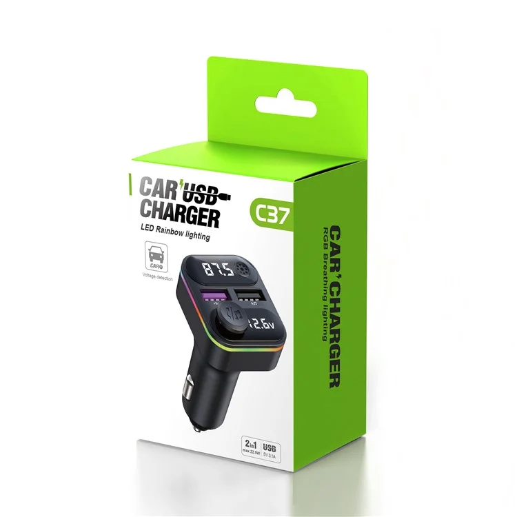 C37 Bluetooth-compatible FM Transmitter for Car QC3.0 20W Fast Charger LED Backlit Atmosphere Light MP3 Player