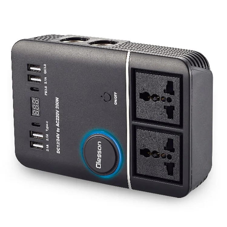 1661 Inversor de Energia de 200W para Isqueiro de Carro, Carregador de Carro USB+Type-C para 220V QC3.0