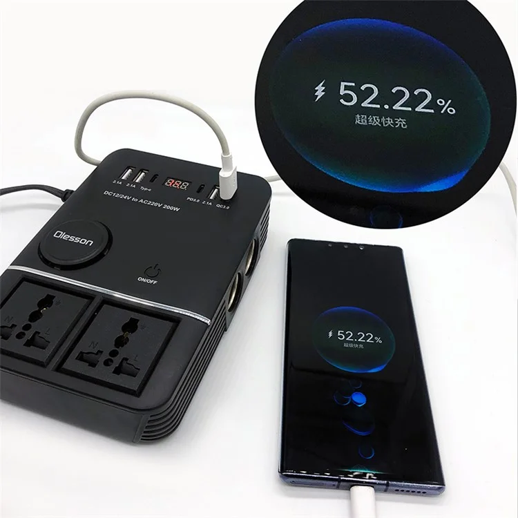 1661 Inversor de Energia de 200W para Isqueiro de Carro, Carregador de Carro USB+Type-C para 220V QC3.0