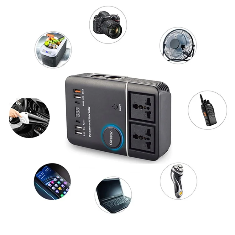 1661 Inversor de Energia de 200W para Isqueiro de Carro, Carregador de Carro USB+Type-C para 220V QC3.0