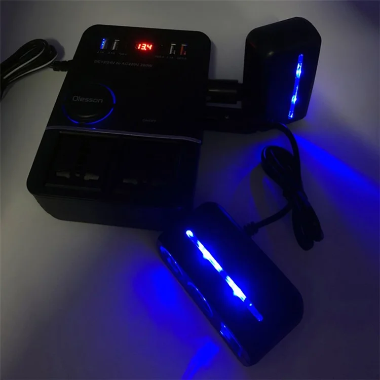 1661 Inversor de Energia de 200W para Isqueiro de Carro, Carregador de Carro USB+Type-C para 220V QC3.0