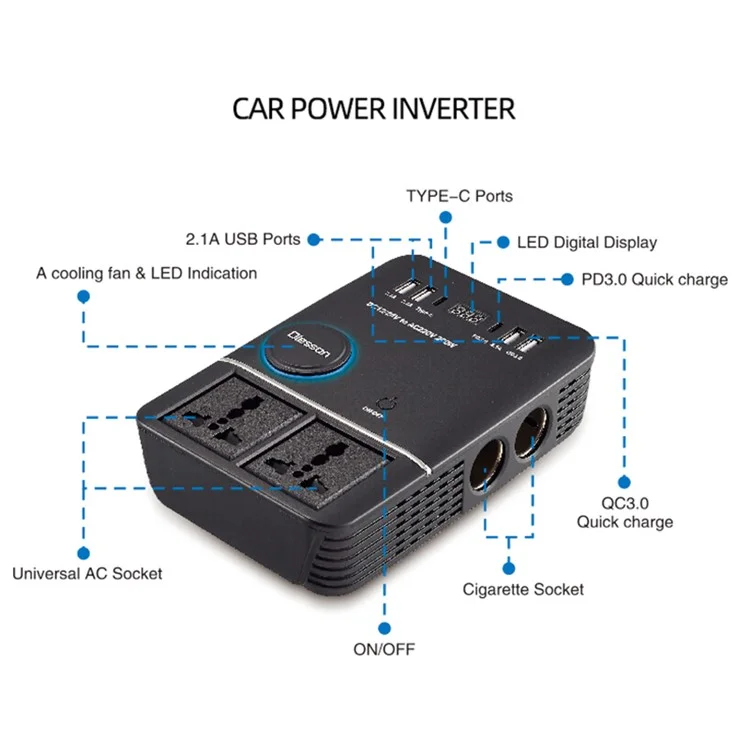 1661 Inversor de Energia de 200W para Isqueiro de Carro, Carregador de Carro USB+Type-C para 220V QC3.0