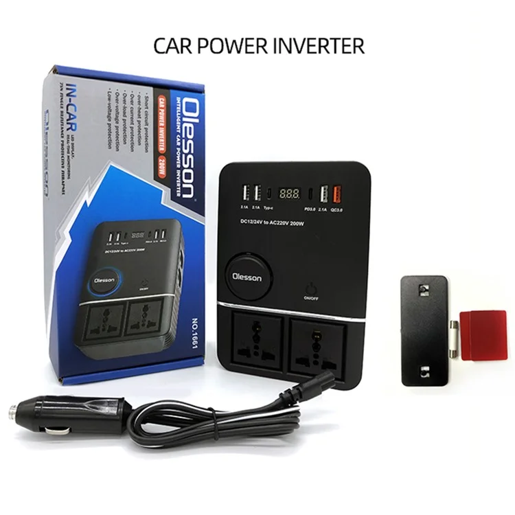 1661 Inversor de Energia de 200W para Isqueiro de Carro, Carregador de Carro USB+Type-C para 220V QC3.0