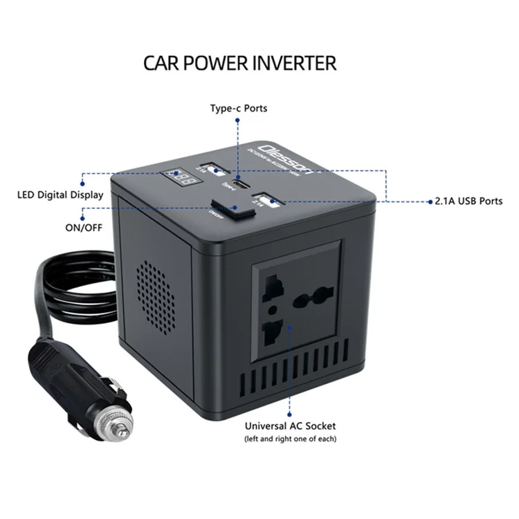 Автомобильный инвертор 1663 Power 150 Вт, розетка 2 типа-C + 2 USB, автомобильное зарядное устройство с цифровым дисплеем LED