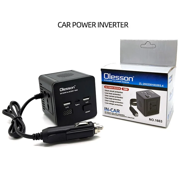 Автомобильный инвертор 1663 Power 150 Вт, розетка 2 типа-C + 2 USB, автомобильное зарядное устройство с цифровым дисплеем LED