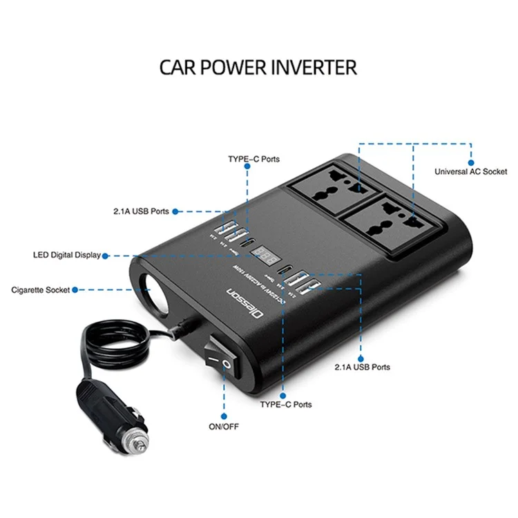 Carregador de carro 1662 Cigarette Lighter 4USB+2Type-C Inversor de energia do carro 12V para 220V 150W Socket de alimentação do carro